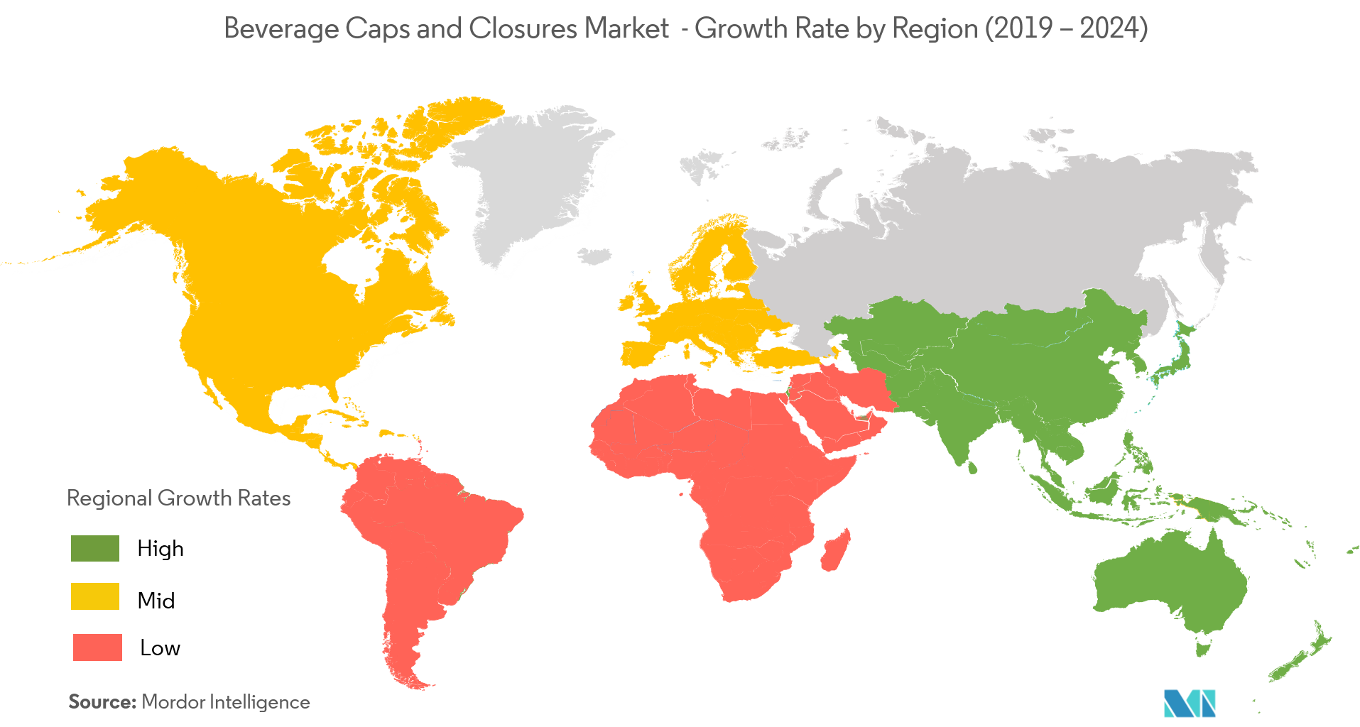 按地区划分的饮料瓶盖和瓶盖市场增长率（2019年-2024年）